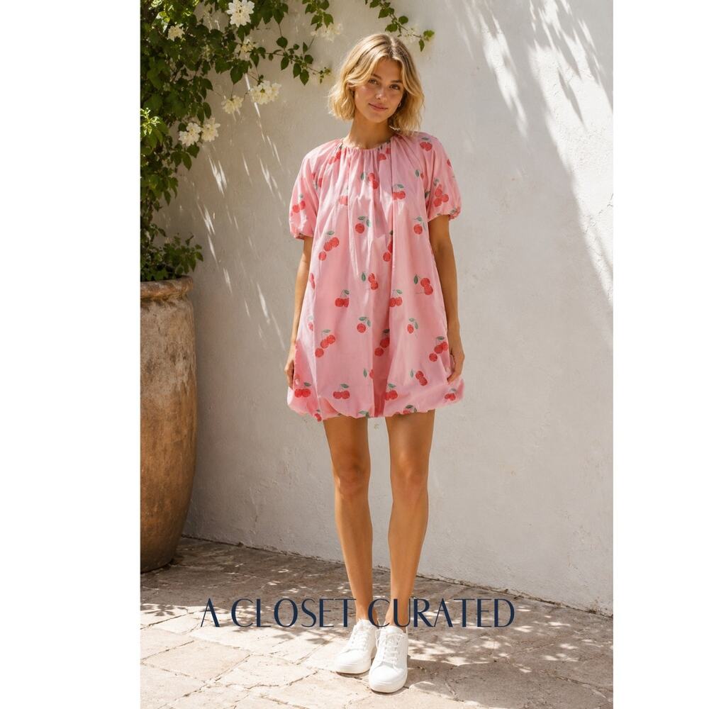Danielle Fichera Claudette Cotton Cherry Print Bubble Mini Dress Medium Pink NWT